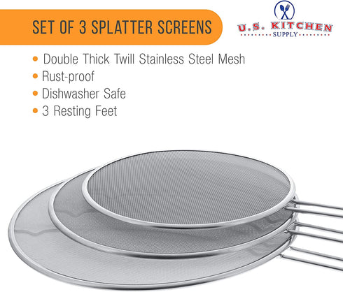 U.S. Kitchen Supply 13", 11.5", 9.5" Stainless Steel Fine Mesh Splatter Screen with Resting Feet Set - Use on Boiling Pots, Frying Pans - Grease Guard