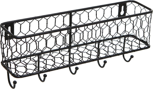MyGift Wall Mounted Farmhouse Matte Black Chicken Wire Metal Entryway Mail Holder Letter Organizer Storage Basket with 5 Key Hooks