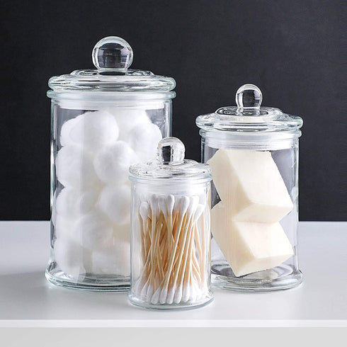 KMwares 3PCs Set Small Mini Clear Glass Premium Quality Apothecary Jars/Bathroom Storage with Lids/Vanity Organizer Canisters for Cotton Balls/Swabs, Makeup Sponges, Bath Salts, Q-Tips (Clear)