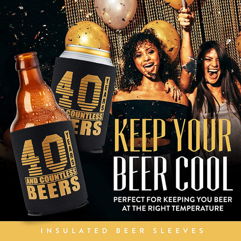 Happy 40th Birthday Decorations for Men, Insulated Can Beverage Sleeve, Birthday Party Favors for Him, 40 Year Old Birthday Gift Ideas, 12-Pack, Black & Gold