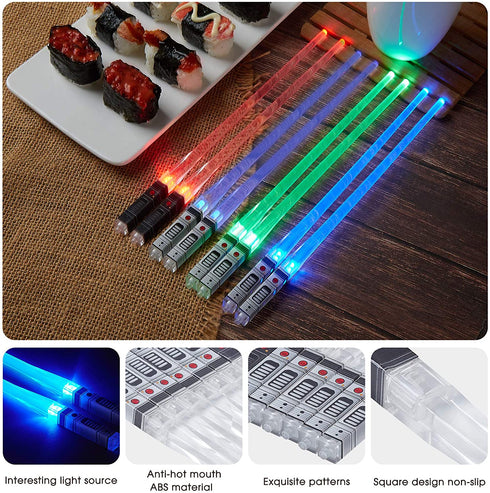 Light Up Lightsaber Chopsticks -Durable Lightweight Portable BPA Free and Food Safe Kitchen Dinner Party Tableware Gifts (4 Pairs, Red, Blue, Green, Purple)