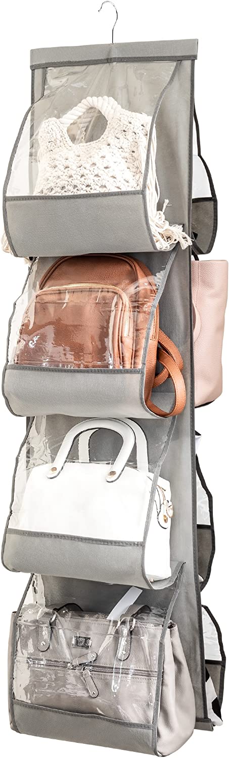 Zober Hanging Purse Organizer For Closet Clear Handbag Organizer For Purses, Handbags Etc. 8 Easy Access Clear Vinyl Pockets With 360 Degree Swivel Hook, Gray, 48? L x 13.8? W