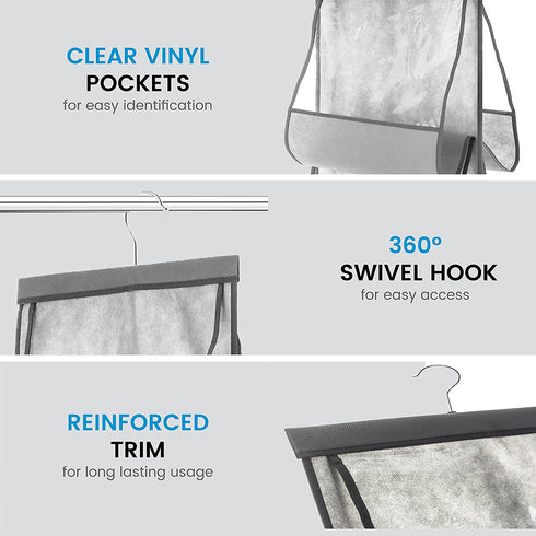 Zober Hanging Purse Organizer For Closet Clear Handbag Organizer For Purses, Handbags Etc. 8 Easy Access Clear Vinyl Pockets With 360 Degree Swivel Hook, Gray, 48? L x 13.8? W