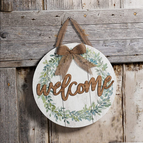 Barnyard Designs Rustic Wood Hanging Welcome Sign for Front Door or Covered Outdoor Porch, Farmhouse Home Decor, White 12? x 12?