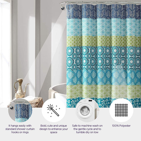 Lush Decor Bohemian Striped Shower Curtain Colorful Bold Design, 72" x 72", Blue and Green