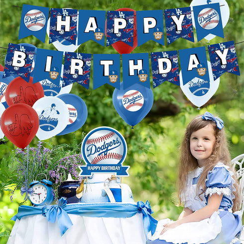 32 Pcs Dodgers Theme Birthday Party Decorations,Party Supply Set for Kids with 1 Happy Birthday Banner Garland , 13 Cupcake Toppers, 18 Balloons for Los Angeles Party Decorations