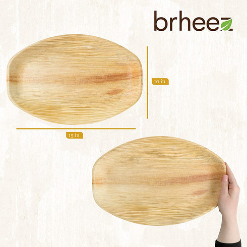 Disposable Bamboo Look - Pack of 6 Oval Serving Platters - 15"x10" Made from All Natural Sturdy Biodegradable and Compostable Palm Leaf - Serving Boats, Serving Trays by brheez