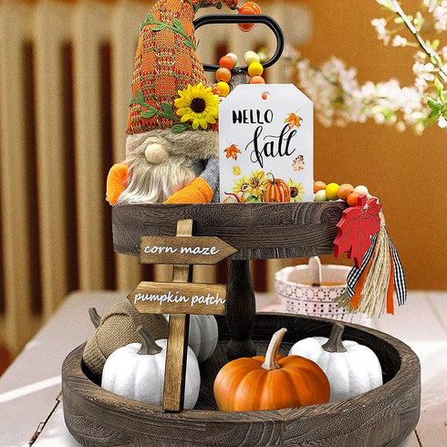 Fall Decor - Fall Tiered Tray Decor - Fall Plush Gnome - Fall Wood Bead Garland - Happy Fall Wooden Sign - Pumpkin Spice Corn Maze Sign - Rustic Farmhouse Home Autumn Thanksgiving Harvest Decor