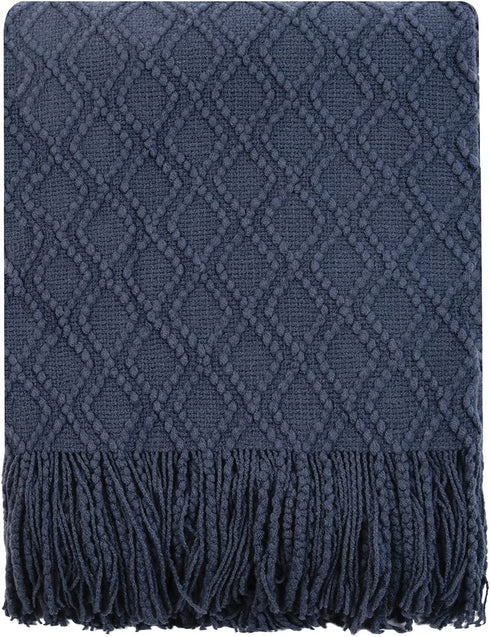 PHF Acrylic Knit Throw Blanket 50 x 60 inches, Lightweight Soft Cozy Decorative Woven Blanket with Tassels for Couch, Bed, Sofa, Chair, Home Travel, Suitable for All Seasons, Navy
