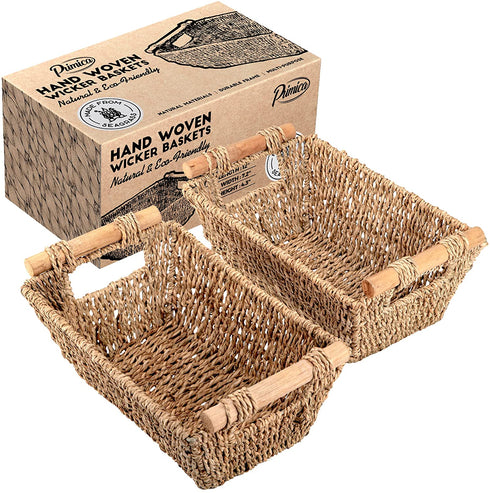 Small Wicker Baskets - Hand-Woven Seagrass Storage Baskets - Beautiful Toilet Paper Holder Basket for Bathroom - 12" x 7.2" x 4.4", 2-Pack
