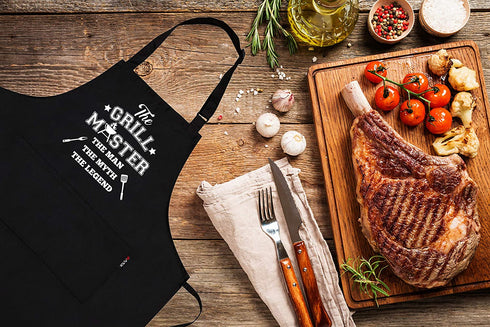Savvy Designs BBQ Aprons for Men Cooking Kitchen Funny Apron - The Grill Master, The Man The Myth The Legend - Adjustable, Black with Pockets