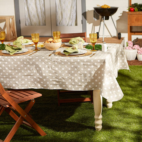 DII Vinyl Tabletop Collection Flannel Backed Polka Dot Tablecloth, Rectangle, 60x84, Natural