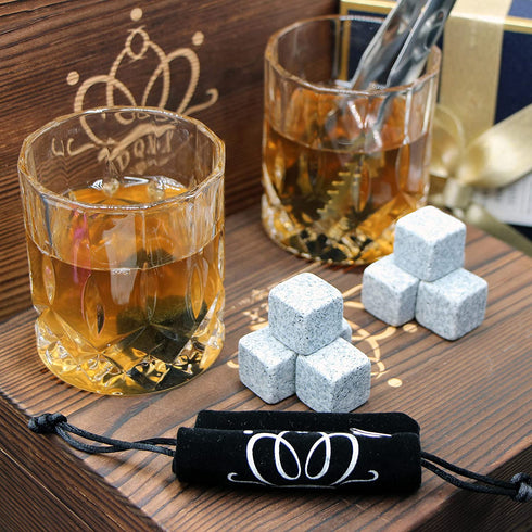 Whiskey Glasses and Stones Gift Set for Men, Whiskey Lover, Birthday, Anniversay, Retirement and Christmas. 2 old Fashiones Rock Glasses+ 8 Granite Chilling Rocks+Tongs+ Wooden Box
