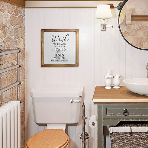 Wash Your Hands And Say Your Prayers Sign 12x12 Inch, Funny Wall Bathroom Signs With Quotes, Jesus And Germs Sign, Cute Bathroom Signs Decor Farmhouse, Rustic Wash Your Hands Sign Bathroom Decor