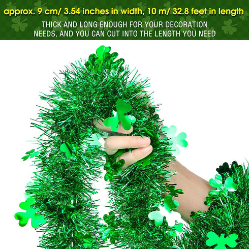 32.8 Feet St. Patrick's Day Tinsel Garland Green Shamrock Glitter Tinsel Twist Garland Decoration for Irish Festival St. Patrick's Day Party Wall Tree Door Window Decoration