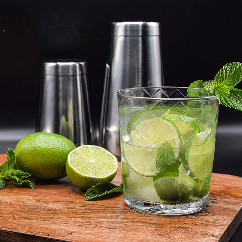 TheBarsentials Boston Shaker Set for Cocktails with 28oz and 18oz Weighted Tins, Professional Muddler and Jigger - Stainless Steel Bar Tools (4pc set)