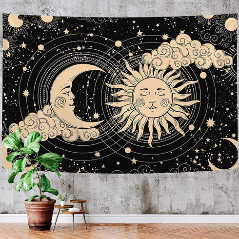 Sun and Moon Tapestry Aesthetic Sun Moon Tapestry Black Dark Spiritual Tapestries Wall Hanging Room Decor for Bedroom, Livingroom(59"x82", Moon and Sun)