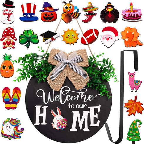 jollylife Welcome Sign Front Door Decorations + Wreath Hanger + 21PCS Interchangeable Seasonal Plaques -St Patricks Day/Easter/Spring Decor Home Porch Indoor Outdoor Hanging Ornaments Gifts