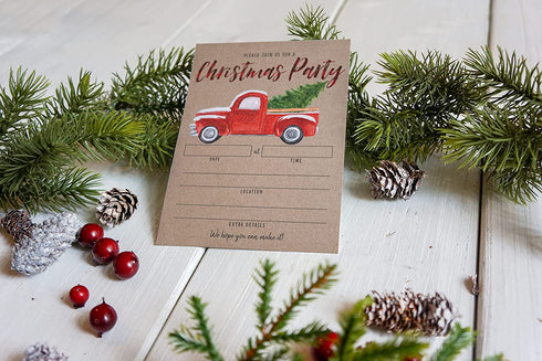 Rustic Christmas Party Invitation with Red Truck and Christmas Tree, Holiday Party Invite, Christmas Party, Holiday Party Invitations, 20 Fill in Invitations and Envelopes