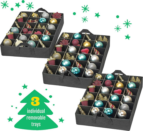 Christmas Ornament Storage Container Box Heavy Duty, Premium Quality Storage Bins - Convenient Durable, 3 Individual Trays Fits Up to 72 - 3? Ornaments Adjustable Cells