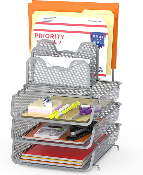 SimpleHouseware 3-Pack Stackable Desk File Document Letter Tray w/ 5 Compartments Step File Organizer, Silver