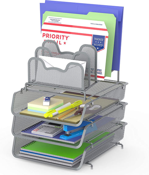 SimpleHouseware 3-Pack Stackable Desk File Document Letter Tray w/ 5 Compartments Step File Organizer, Silver