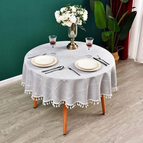 Monibana Plaid Farmhouse Gray Round Tablecloth 36 Inch Cotton Linen Heavy Weight Checkered Table Covers Cloths for Dining Room Kitchen Tabletop Decoration