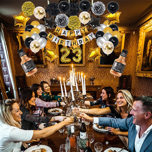 NANINUNENO 23rd Gold Birthday Decorations,Gold Black Silver Happy Birthday Balloons Supplies for Boy Men Girl Women,23 Birthday Party Set with23 Gold Number Balloons Happy Birthday Banner and Whiskey Bottle Balloons