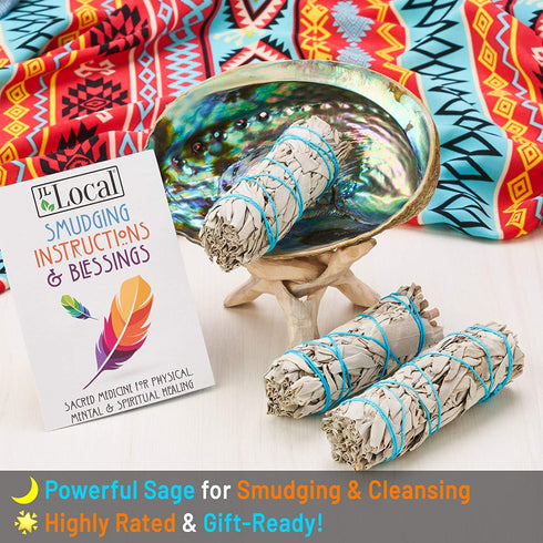 JL Local White Sage Smudge & Cleansing Kit Gift Box - Abalone Shell, Instructions & More - Smudging, Healing & Stress Relief (Standard with Stand)
