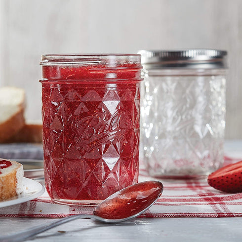 Ball Mason Quilted Crystal Jars 8 oz Regular Mouth Glass Bundle with Non Slip Jar Opener- Set of 6 Half Pint Size Mason Jars - Canning Glass Jars with Lids