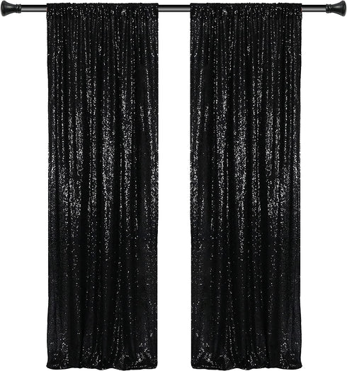 Kmhesvi Black Sequin Backdrop Curtains - 2 Panels 2.3x8.5Ft Sparkly Black Photo Background Glitter Curtains for Birthday Baby Shower Wedding Decorations