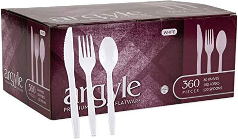 White Plastic Silverware | Heavy Duty & Solid Cutlery Disposable Utensils Set | Perfect for Weddings, Buffets, Luncheon & More | 180 Forks, 120 Spoons & 60 Knives Combo Pack | 360 Count