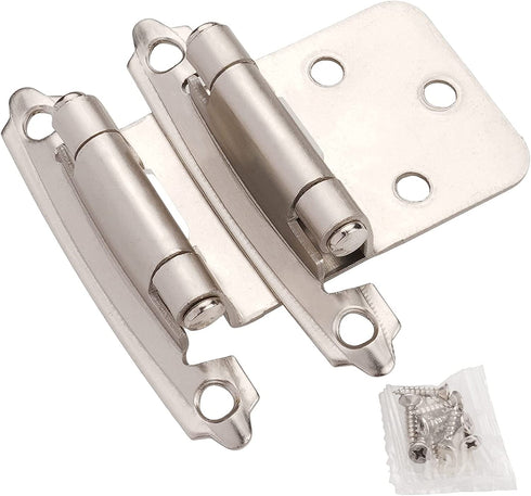 DecoBasics Satin Brushed Nickel Cabinet Hinges for Kitchen Cabinets (25 Pair -50 Pcs) -1/2" Overlay (Variable) -Self Closing Kitchen Cabinet Hinges Flush Mount w/ Silicon Bumpers & Upgraded Screws