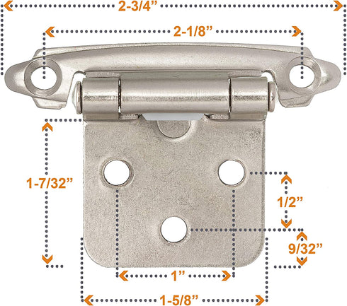 DecoBasics Satin Brushed Nickel Cabinet Hinges for Kitchen Cabinets (25 Pair -50 Pcs) -1/2" Overlay (Variable) -Self Closing Kitchen Cabinet Hinges Flush Mount w/ Silicon Bumpers & Upgraded Screws