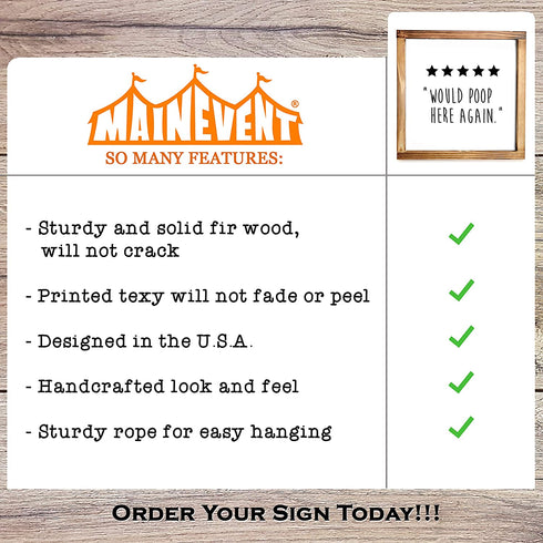Five Stars Would Poop Here Again Bathroom Sign 12x12 Inch - Farmhouse Bathroom Wall Decor, Funny Poop Sign for Bathroom Decor Wall Art, 5 Stars Would Poop Here Again Sign, Funny Bathroom Wall Art