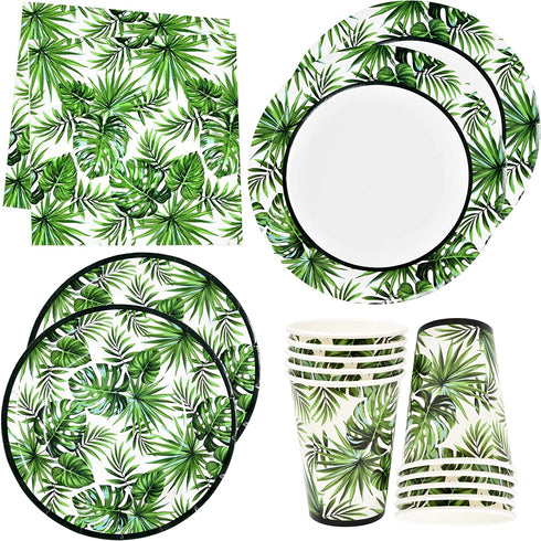 Tropical Palm Leaf Party Supplies Set 24 9" Paper Plates 24 7" Plate 24 9 Oz Cups 50 Lunch Napkin for Hawaiian Luau Green Leaves Jungle Safari Bridal Baby Shower Floral Greenery Summer Birthday Decor