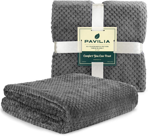 PAVILIA Waffle Textured Fleece Throw Blanket for Couch Sofa, Charcoal Gray | Soft Plush Velvet Flannel Blanket for Living Room | Fuzzy Lightweight Microfiber Throw for All Seasons, 50 x 60 Inches