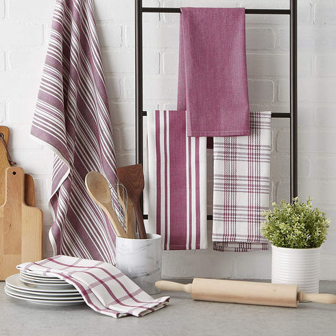 DII Assorted Woven, Kitchen Dishtowel Set, 18x28, Wine, 5 Piece