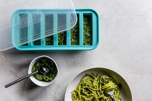 Souper Cubes 1/2-Cup Freezing Tray with lid, makes 6 perfect 1/2 cup portions, freeze pesto, salsa, or sauce