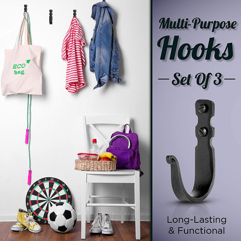 Decorative Wall Mounted Basic Hooks Wrought Iron Hooks For Kitchen And Bathroom, Rustic, Handmade Antique Farmhouse Decorative Hooks For Hanging Robe, Towels, Coats, Bags and cloths - Set of 3 (Black)
