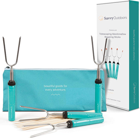 Marshmallow Roasting Sticks - Telescoping Smores Skewers and Hot Dog Forks - Perfect for Outdoor Cooking, Campfires & Fire Pits - with Carrying Case (4 Pack)