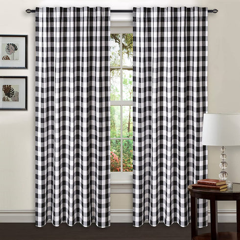 Check Tab Top Curtains, Farmhouse Cotton Curtains, Curtain 2 Panel Set, Gingham Plaid Cotton 50x108 Black/White Curtains, Reverse Window Panels, Curtain Drapes Panels, Bedroom Curtains, Set of 2