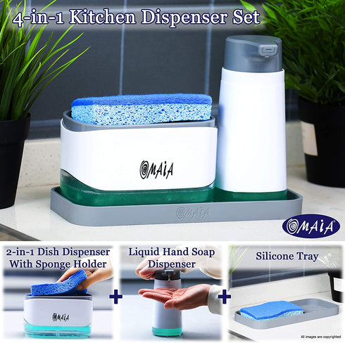 OMAIA 4-in-1 Dish Soap Dispenser Set - Kitchen Soap Dispenser with Sponge Holder and Liquid Hand Soap Dispenser and Silicone Tray - Countertop Organizer - Useful Kitchen Gadgets