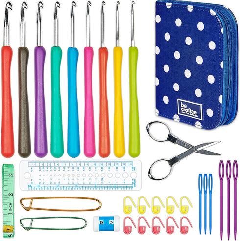 BeCraftee Crochet Hooks Kit - 31 Piece Set with 9 Ergonomic Hook Sizes, 6 Yarn Needles, Additional Knitting & Crochet Supplies and Carrying Case?