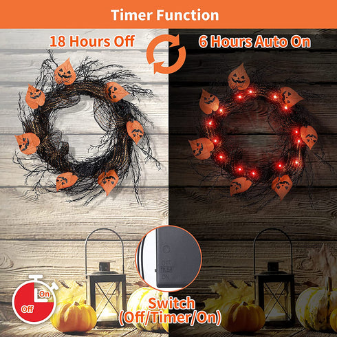 BOMMETER 22 inch Pre-Lit Halloween Deco Mesh Wreath with Timer, Lighted Front Door Wreath with 20 Warm LED Light, for Home Wall Hanging Halloween Décor (Brown)