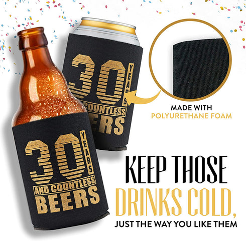 Happy 30th Birthday Decorations for Him, Dirty Thirty Birthday Beverage Can Cooler Sleeves, Insulated Holder Gift Ideas and Party Favors for Men, 12-Pack, Black & Gold