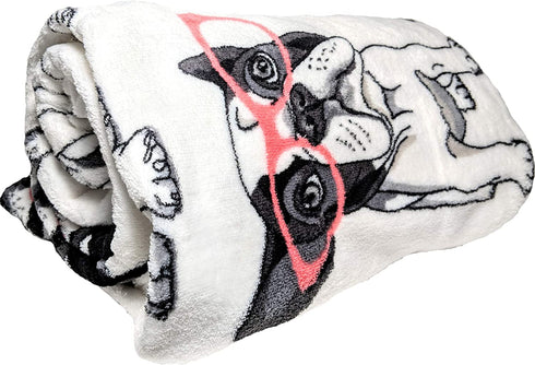 Fun Print Soft Cozy Lightweight 50 x 60 Fleece Throw Blanket (White with French Bulldogs in Glasses)