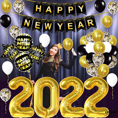 Huge Happy New Year Decorations 2022 Set - 43 Pieces | 40 Inch Gold 2022 Balloons Numbers | Large 10 Feet Happy New Year Banner | New Years Eve Party Supplies For New Years Backdrop | Nye Decorations