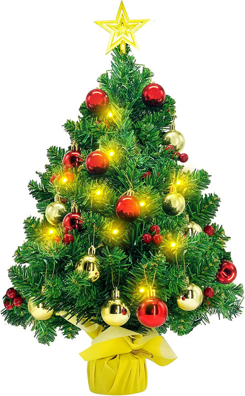 CREPRO 2ft Pre-lit Christmas Tree, Artificial Mini Christmas Tree with Lights and Christmas Ornaments, Tabletop Christmas Trees with Star Treetop for Xmas Home Party Holiday DIY Decorations(Gold)
