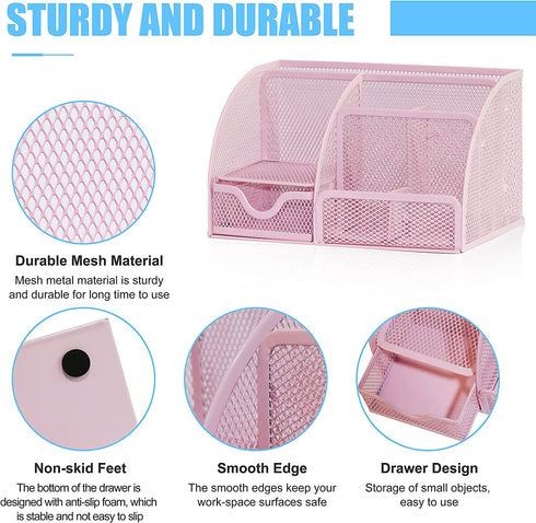Desk Organizer Office Accessories, Multi-Functional Mesh Desk Organizer with 6 Compartments and 1 Drawer for Home, Office, School, Workshop, kitchen (Pink)